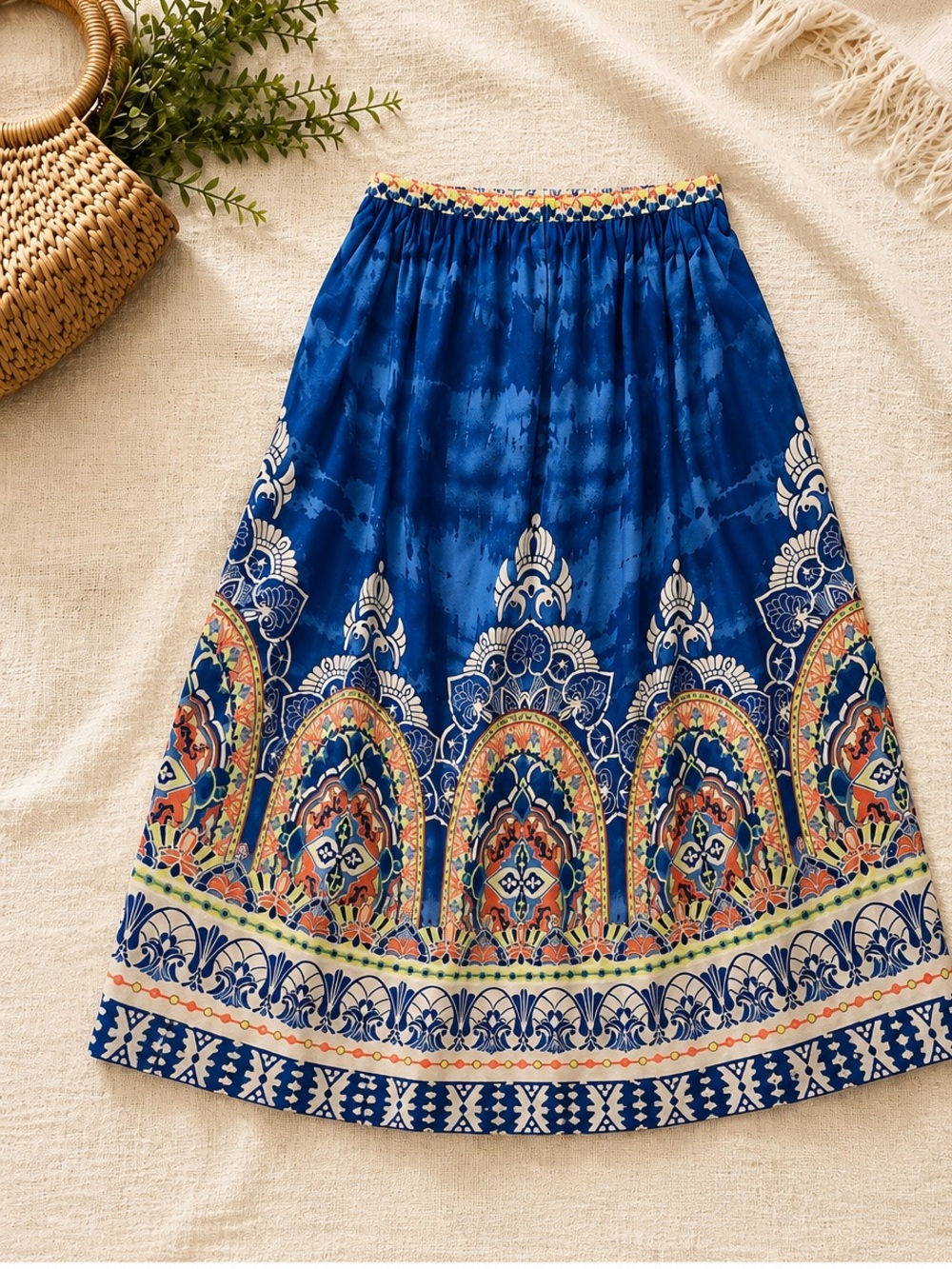 Flying Tomato Blue Boho Border Print Maxi Skirt | Medium | 100% Rayon